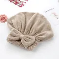 Soft beige coral fleece hair drying cap with elegant absorbent bow design for ladies - Coffee