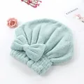 Highly absorbent mint green coral fleece dry hair cap with decorative bow for women - Green