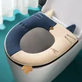 Soft warm plush toilet seat cover with cute cat design and ears - Dark Blue and White
