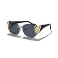 Modern rimless cat-eye sunglasses with gold metal side detailing and dark lenses. - Black Temple Grey Blue Lens