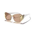 Modern rimless sunglasses with brown lenses, decorative gold accents, and white temples - White Temple Light Tea Lens