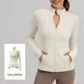 Elfenbeinweiße schmale Sportjacke mit Reißverschluss für Yoga und Laufen, atmungsaktiv - S / Oberteile / Elfenbein