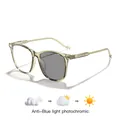 Children's square frame photochromic anti-blue light glasses in light green color. - Clear Olive Green