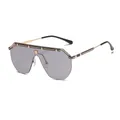 Retro oversized one-piece shield sunglasses with grey lenses and gold metal frame. - Gold Frame Full Grey