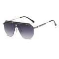 Retro fashion oversized shield sunglasses with gradient grey lens and metallic silver frame - Silver Frame Double Grey