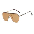 Retro oversized shield sunglasses with brown one-piece lenses and golden metal frame - Gold Frame Tea Lens
