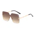 Stylische rahmenlose Übergroße Sonnenbrille mit Goldnieten und braunem Verlauf - Goldrahmen Tee Gläser
