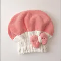 Cute pink and white color-block microfiber hair drying cap with absorbent bow design - Pink + White