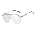 Futuristic silver mirror shield sunglasses with retro metallic frame and black temples. - Silver Frame White Mirror Lens