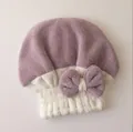 Microfiber absorbent hair drying cap with a cute purple bow and color-blocking design - Purple + White