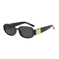 Vintage black rectangular sunglasses featuring stylish golden studded hinges for women - Glossy Black/Grey Lens