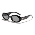 Retro oval fashion sunglasses in black frame with grey lenses and gold temple logo - Glossy Black/Grey Lens
