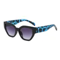 Occhiali da sole rétro cat-eye irregolari con stanghette blu fantasia e lenti sfumate viola - Montatura Nera Astine Leopardate Blu Lenti Sfumate