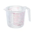 Clear 1000ml plastic measuring cup with red scale markings and ergonomic handle. - 1 L