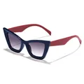Lunettes de soleil papillon tendance avec monture bleu marine et branches rouges. - Style Œil de Chat Oversize (98097) / Monture Bleue Branches Rouges Gris Dégradé