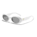 Trendy retro oval sunglasses featuring a glossy white frame and gold temple detail - White Frame Gray Lens