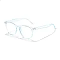 Detail view of light blue transparent retro anti-blue light glasses on white background. - Transparent Blue