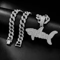 Detail view of hip hop iced out silver shark pendant with Cuban link chain for men - 45cm (18 Inch) Cuban Chain Set / Silver