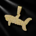Close-up of iced out gold shark pendant with sparkling rhinestones on black leather - Pendant Only (No Chain) / Gold
