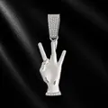 Silver hip-hop pendant featuring a three-finger hand gesture with sparkling rhinestones - Pendant Only (Without Chain) / Silver