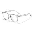 Detailed close-up of retro transparent round frame blue light blocking glasses for daily use - Transparent Grey