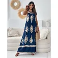 Elegant navy blue boho maxi dress with white placement print and spaghetti straps - S / Dresses / Navy Blue