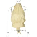 Frontalansicht eines hellgelben Falten-Halterneck-Tops mit elegantem Schleifendetail hinten - S / Oberteile / Gelb