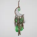 Handmade bohemian crescent moon dreamcatcher with vibrant green and brown feathers - Moon Style (MS4038B)