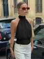 Sexy schwarzes plissiertes Neckholder-Top rückenfrei für Damen im modischen Streetstyle - S / Oberteile / Schwarz