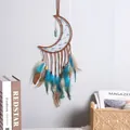 Handmade blue and brown moon bohemian dream catcher with feathers and beads wall hanging - Moon Style (SJ9234A)