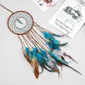 Handmade Bohemian dreamcatcher with blue feathers and crystal pendant for wall decor. - Round Style (SJ0082)