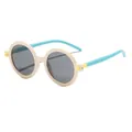 Trendy ronde zonnebril voor kinderen met crèmekleurig montuur en blauwe pootjes - Beige Montuur Blauwe Pootjes Grijze Lens