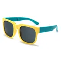Vibrant yellow and teal folding sunglasses for children with protective dark lenses - Square Collapsible Style / Yellow Frame Blue Leg Grey Lens