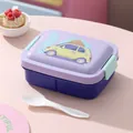 Purple and blue 3-compartment cartoon bento box featuring a yellow car design on the lid - Yellow Car / 860ml Blue Purple