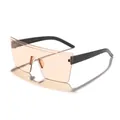 Fashionable oversized rimless shield sunglasses with amber tinted lenses for hip hop style - Black Frame Champagne