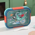 Portable cartoon dinosaur bento box with stainless steel compartments and spoon - 1100ml Plastic Model Blue