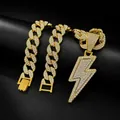 Close-up of gold-tone hip-hop Cuban link chain and rhinestone lightning pendant - Pendant with 18inch Cuban Chain / Gold