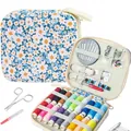 Portable floral sewing kit with multi-color thread and essential tools for home repairs. - Blue Floral