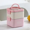 Portable pink and cream double-layer square bento box with a convenient top handle - Double Layer (1450ml) / 1450ml / Pink