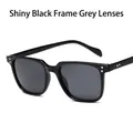 Classic retro square frame sunglasses featuring bright black frame and grey lenses with rivets - Black Frame Grey Lens