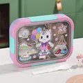 Cartoon stainless steel bento box with unicorn theme stickers and white foldable spoon - 650ml Stainless Steel Model Pink