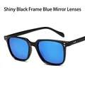 Stylish retro square sunglasses with bright black frame and blue mirrored lenses - Black Frame Blue Coating