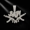 Pendentif hip-hop argenté avec lettrage BABY sur fusils croisés, serti de pierres fines. - Pendentif Uniquement (Sans Chaîne) / Argent