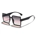 Chic oversized square sunglasses for women with black frames and gradient purple lenses - Black Frame Grey Pink Lens