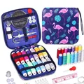 Portable sewing kit with flamingo pattern and multi-color threads for home sewing repairs - Purple Flamingo