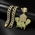 Close-up of hip-hop TRAP house pendant with iced-out rhinestones and green enamel. - Gold Pendant with Cuban Chain / 18 inch