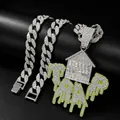 Detail view of iced-out house pendant with green TRAP drip on silver Cuban chain. - Silver Pendant with Cuban Chain / 18 inch