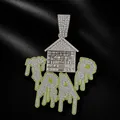 Detailed view of silver iced out TRAP house pendant featuring green drip enamel accents - Silver Pendant Only