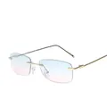 Retro rimless rectangular sunglasses with blue-pink gradient lenses and gold frame - Blue Pink Gradient / Gold Frame