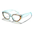 Stylish tortoiseshell cat-eye glasses with light blue frames and blue light blocking. - Cat Eye / Transparent Blue Tortoise